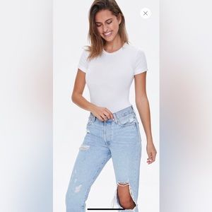 Forever 21 White Crew Neck Short Cuffed Sleeve Bodysuit